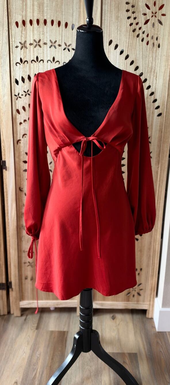 ASOS Balloon Sleeve Tie Front Backless Satin Mini Dress in Burnt Orange Size 6